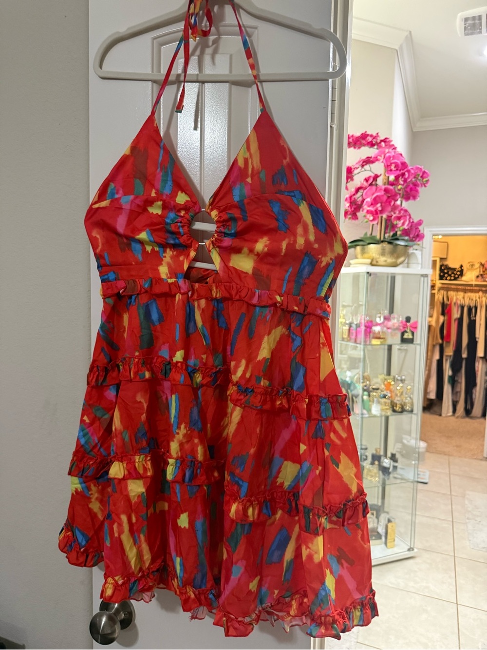 Multicolor Ruffle Halter Mini Dress with Cutout - Picture 2 of 3